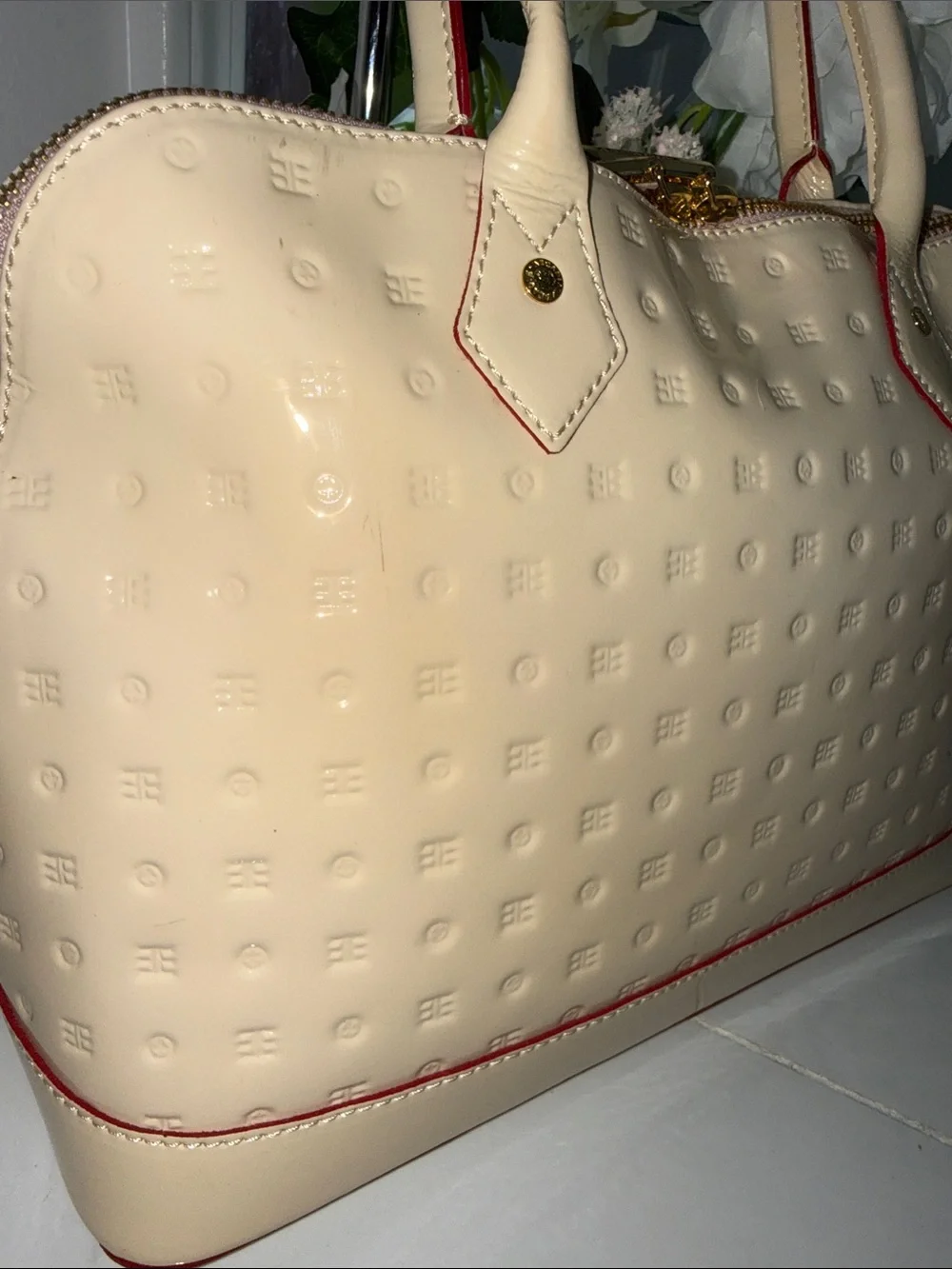 Arcadia Cream Patent Satchel with Red Trim